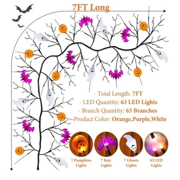 7 Ft 63 LED Halloween Willow Vine Twig Garland with 8 Modes Timer Orange Purple - Picture 6 of 6